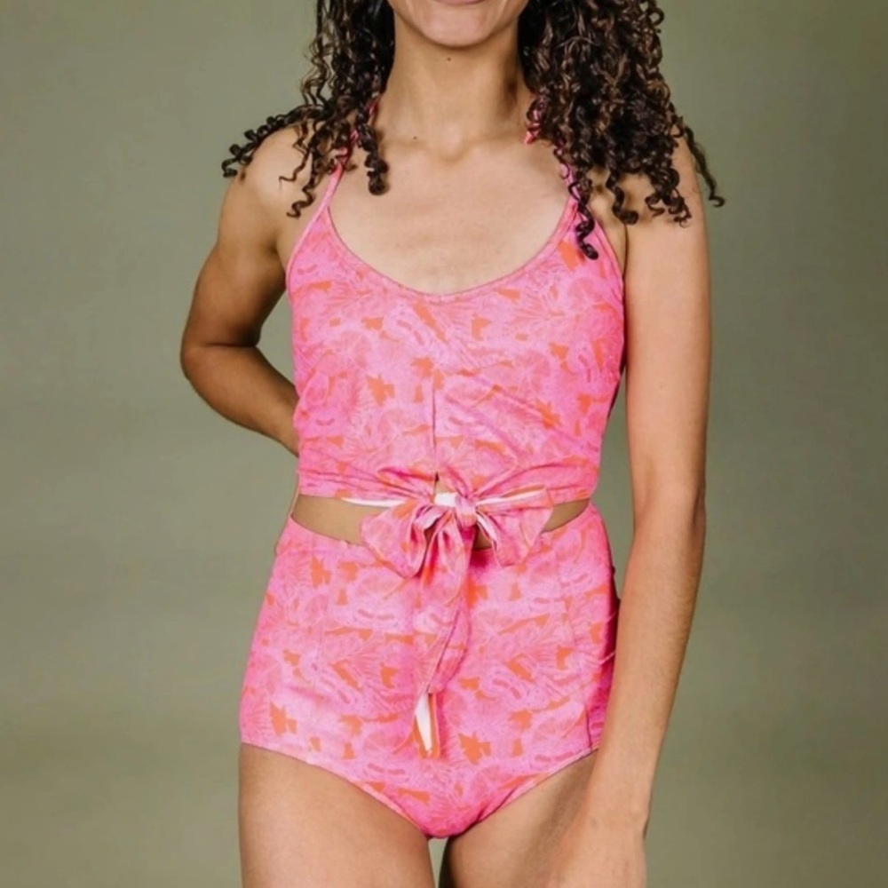 Kortni Jeane pink butterflies print high-waisted swim bottoms